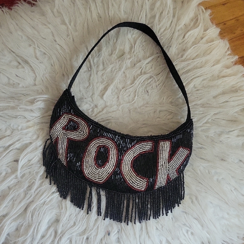 Black Beaded 'ROCK' Fringe Shoulder Bag